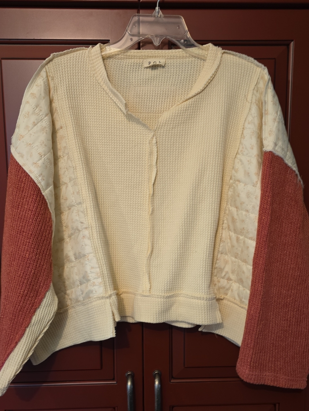 POL Cream Knit Cardigan with Dusty Rose Sleeves